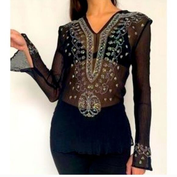 Venus Black Semi Sheer Silk Turquoise  Sequin Embroidered Beaded Tunic S - Picture 1 of 14